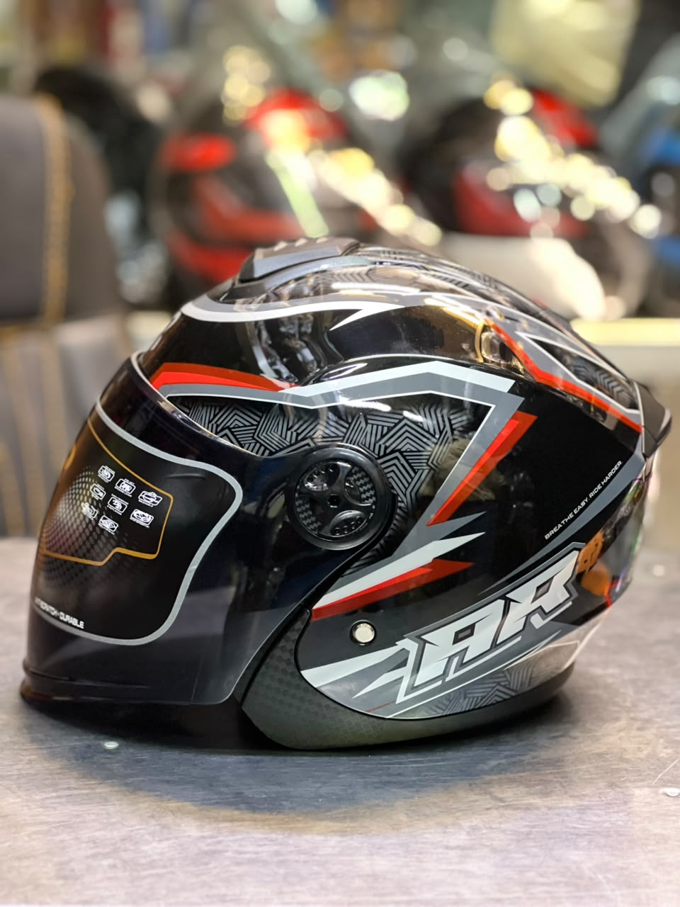 AR Half Face Glossy Black,White,Red & Gray graphic