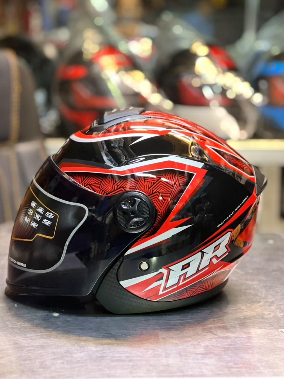 AR Half Face Glossy Black ,White& Red graphic